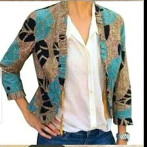 Odille for Anthropologie Floral Corduroy Ruffle Hem Lined Blazer Womens Size 6